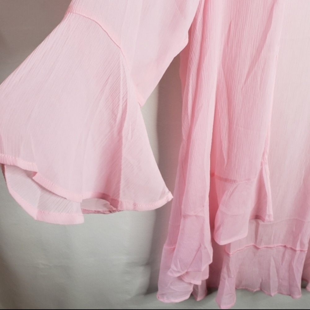 Torrid Kimono Top 2X 18/20W Crinkled Pink Chiffon Sheer Ruffle Bell Sleeve NWT - Picture 9 of 14